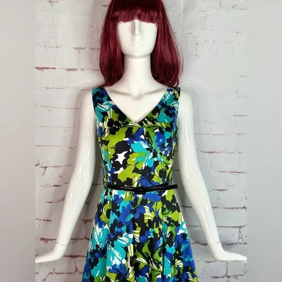 DAVID MEISTER Belted Fit & Flare Blue Green Floral Cocktail Party Dress Size 2 - Picture 5 of 16